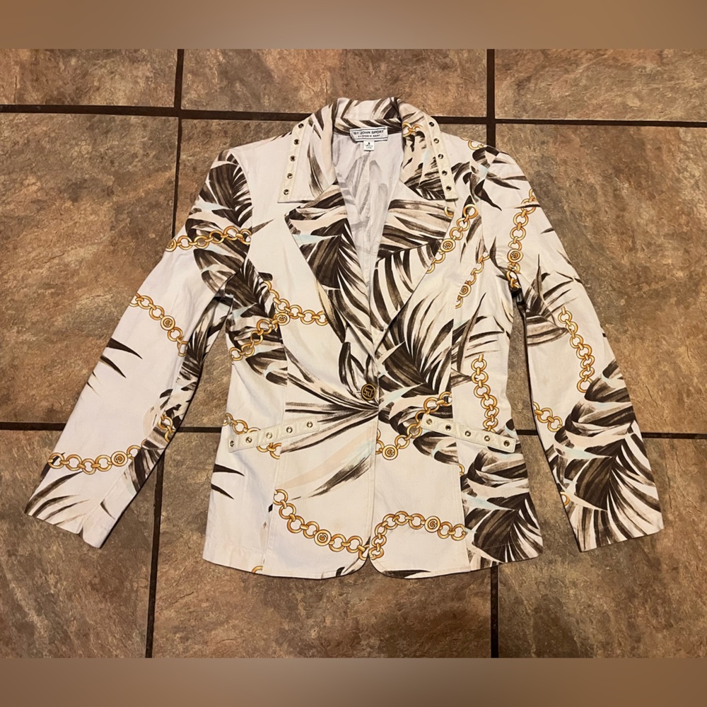 Vintage St. John cotton leather chain and palm summer blazer small white gold